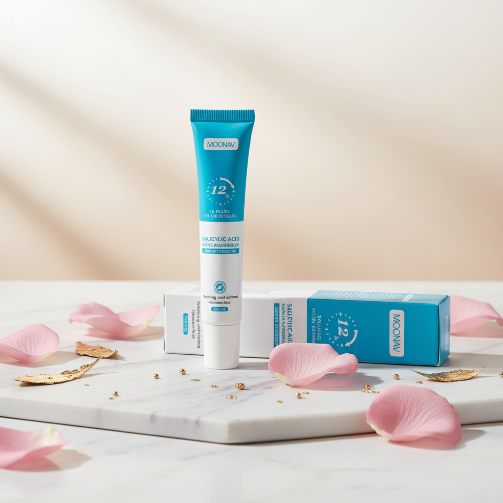 Crème anti-acné sur marbre avec roses