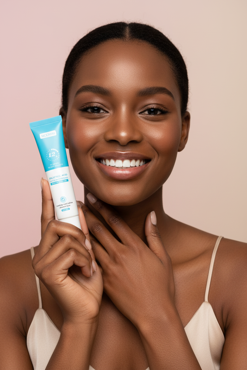 Femme africaine tenant la crème anti-acné